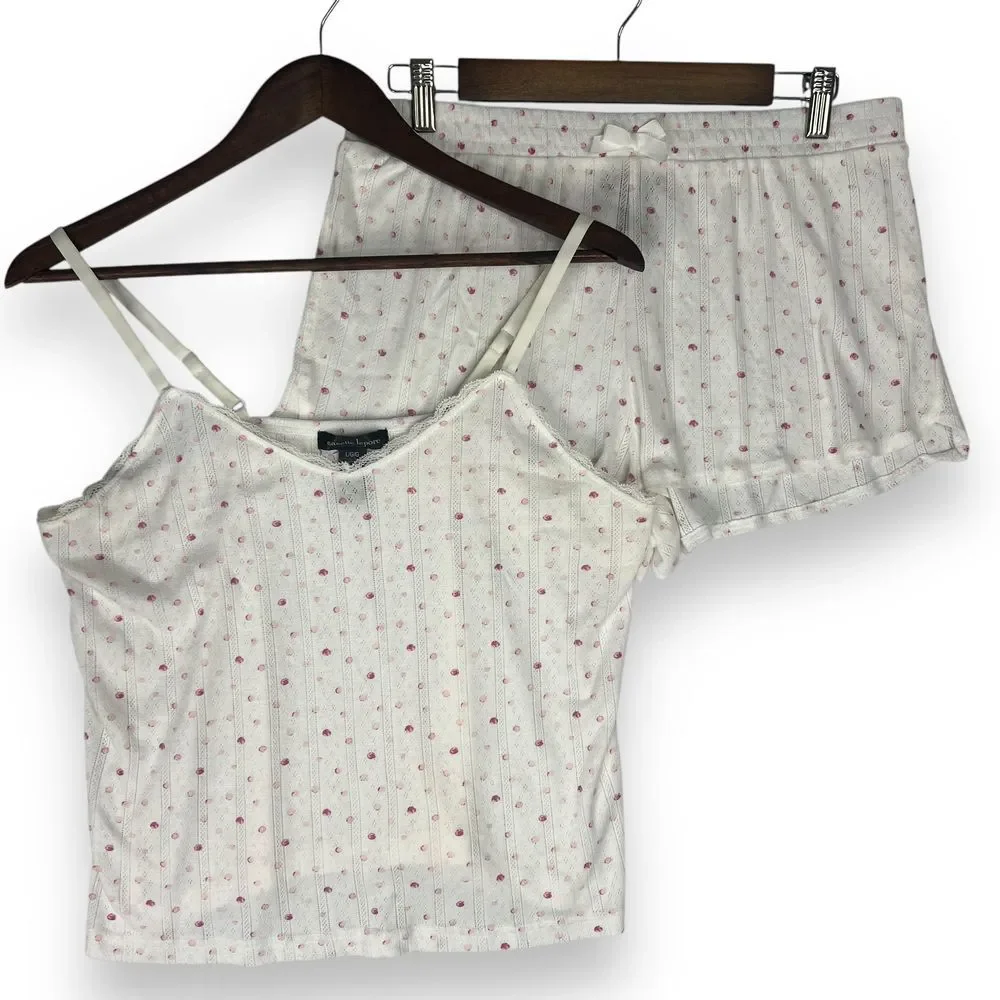 Nanette Lepore Pajama‎ Set Cami Top Shorts Lingerie Sleepwear White Pink Dot L